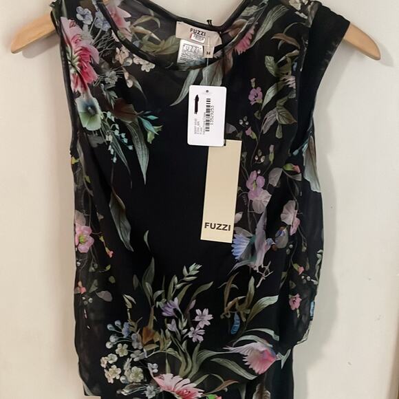 Fuzzi Bouquet Floral Hummingbird Print Sleeveless Tulle Jersey Sheath Dress - Picture 4 of 16